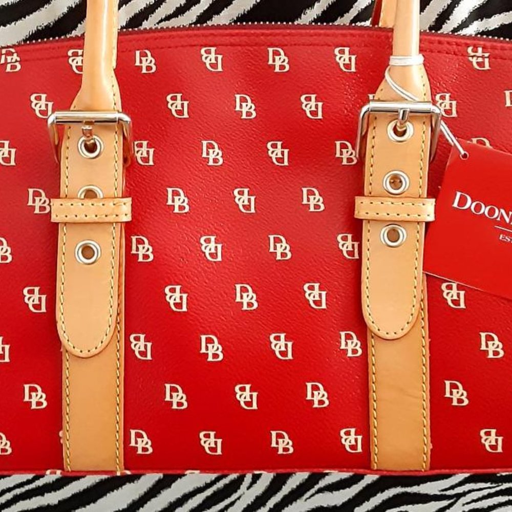Red Logo-Print Satchel with Tan Trim and Double Handles, No Strap ! - Picture 3 of 16